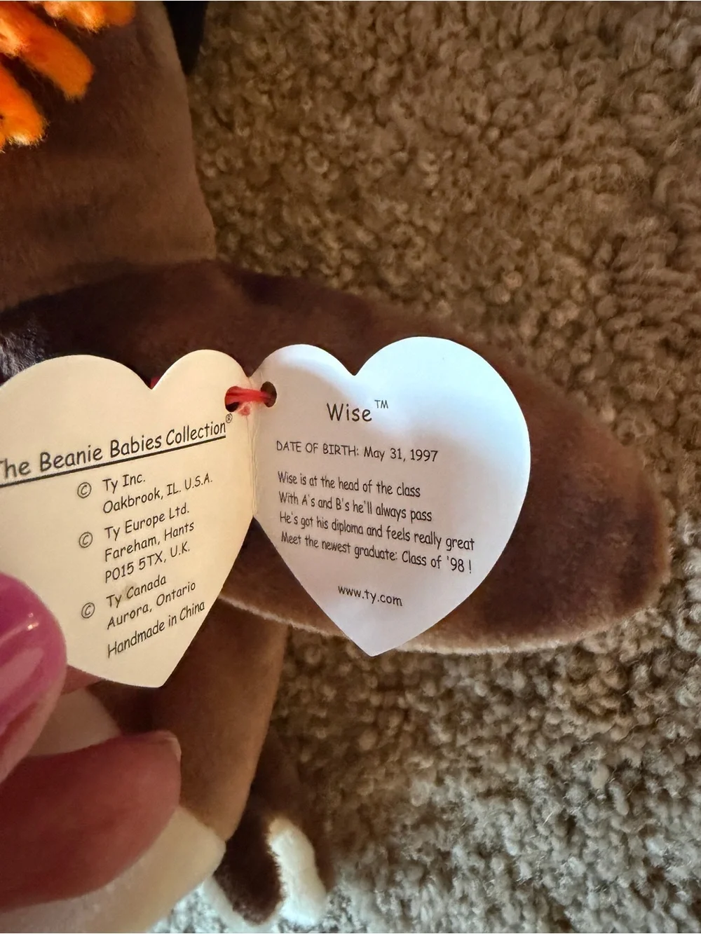 NWT Ty Brown & Cream Plush Beanie Baby Owl with Graduation Cap - Wise 5/31/1997.